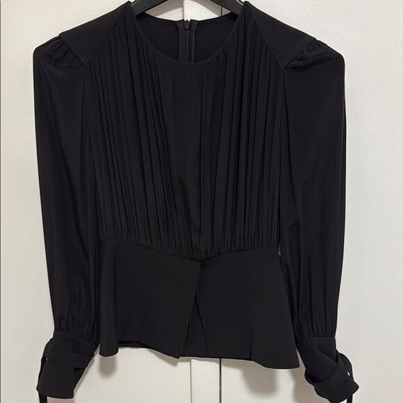 Pleated Silk Peplum Long Sleeve Blouse in Black. Fr Size 36. US size 2. - Picture 1 of 6